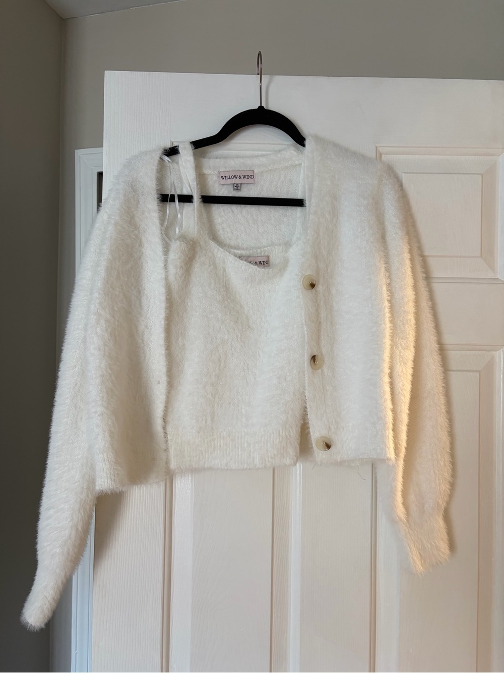Willow & Wind White Fuzzy Cropped Cardigan and Tank Set